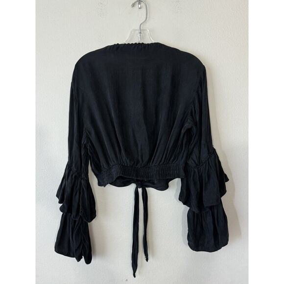 Vintage Ann Ferriday Black Tie Button Front Bell Sleeve Top Goth Witchy VTG Crop - Picture 2 of 9